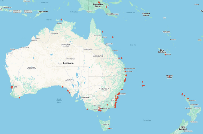 collecting locality Australasian map for 'Millar, A.J.K.'